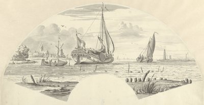 Vista de algunos barcos en el agua y un molino de viento cerca de una iglesia de Pieter Idserts