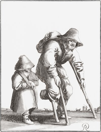 Mendiga lisiada con niña (grabado) de Pieter Jansz (after) Quast