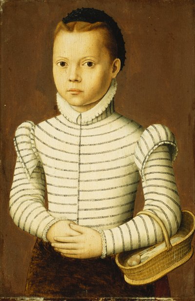 Retrato de una niña con un traje blanco y negro sosteniendo una canasta de Pieter Jansz. Pourbus