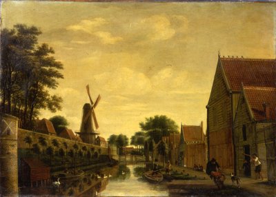 Un canal junto a una muralla de la ciudad con trabajadores descargando madera, c.1650 de Pieter Jansz. van Asch