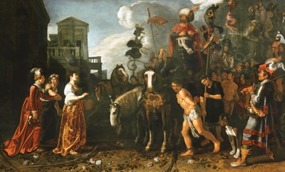 Jefté recibido en casa desde el campo de batalla por su hija de Pieter Lastman
