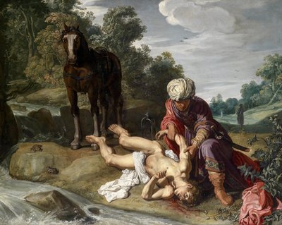 El buen samaritano curando las heridas del caminante (Lucas 10:25-37) de Pieter Lastman