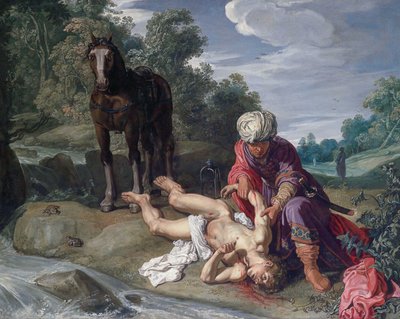 El buen samaritano curando las heridas del caminante (Lucas 10:25-37) de Pieter Lastman
