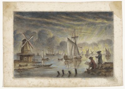 Vista de la costa con barcos, molino de viento y un dibujante de Pieter Louw (attributed to)