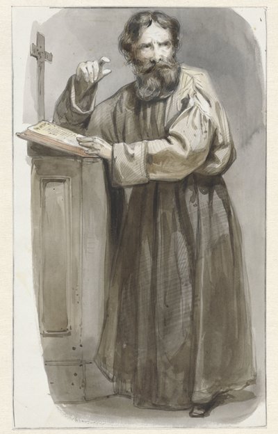 Clérigo de pie en el atril con crucifijo y Biblia de Pieter Marinus van de Laar (attributed to)