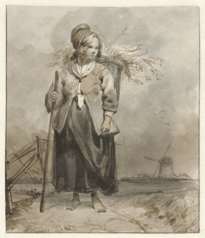 Mujer de pie con bastón y cesta en la espalda de Pieter Marinus van de Laar (attributed to)