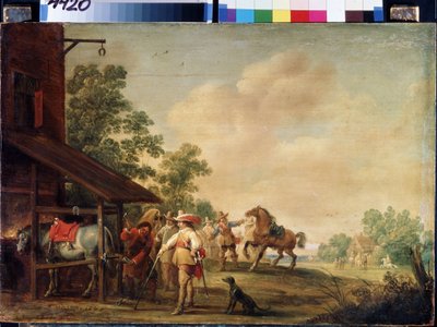 Fragua (Una Fragua). Un herrador (herrador) poniéndose una herradura. Pintura de Pieter Meulenaer (Peter o Pierre de Pieter Meulener