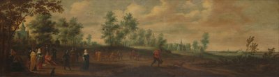 Paisaje con una pareja bailando fuera de una mansión en el campo de Pieter Meulener