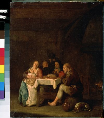 ""The Prayer Before Dinner"" (La oración antes de la cena) El momento de gracia durante la comida de una familia holandesa de escasos recursos. Pintura de Peeter Meulenaer (1602-1654) Museo de Arte Mikhail Kroshitsky del siglo XVII, Sebastopol (Sebastopol) de Pieter Molenaer