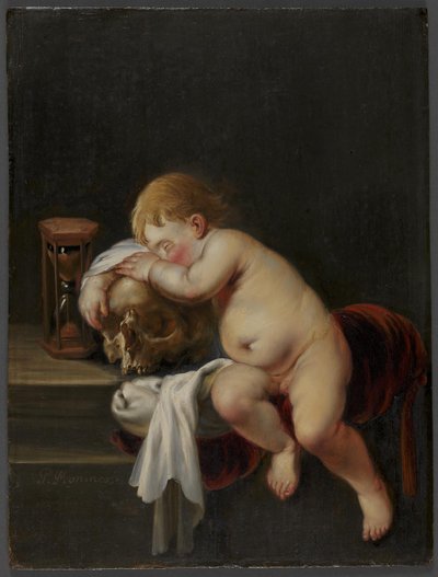 Niño durmiendo sobre una calavera de Pieter Moninckx