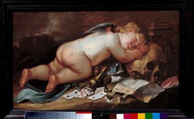 El amor durmiendo sobre la cabeza de un muerto. Pintura (Vanite) de Pieter Moninckx (1606 - 1686) Ec. Flam. de Pieter Moninckx