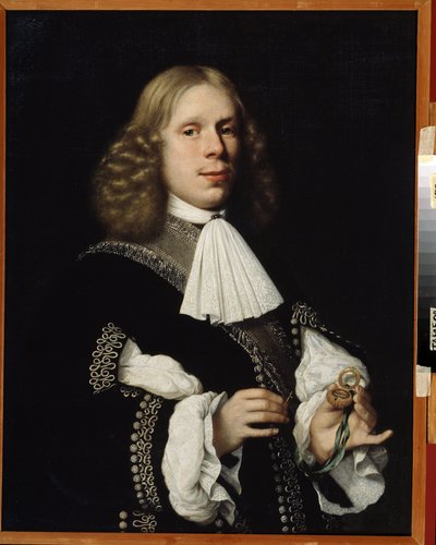 Retrato del alcalde de Haarlem. (Retrato del alcalde de Haarlem). El hombre tiene una pequeña brújula en la mano. Pintura de Pieter Nason (1612-1688) de Pieter Nason