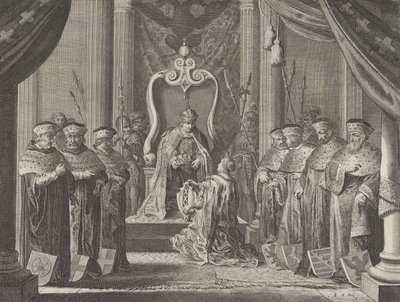 Placa 8: El emperador Maximiliano II otorgando una corona al escudo de armas de Ámsterdam, de Cas..., 1638 de Pieter Nolpe