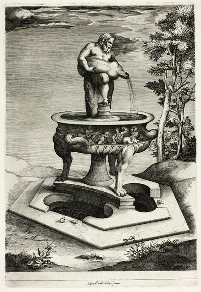 Fuente con Sileno en el jardín del Palacio Cesi cerca de Roma de Pieter Perret