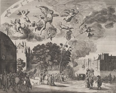 Carlos II entrando en La Haya en un carruaje con el Mauritshuis a la derecha, de 