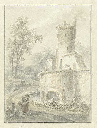 Paisaje con pescador y mujer caminando cerca de una torre fortificada de Pieter Pietersz. Barbiers