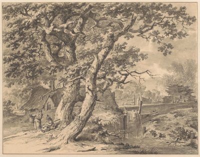 Paisaje con cascada bajo dos grandes árboles de Pieter Pietersz. Barbiers