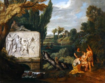 Un paisaje clásico con doncellas bailando junto a un sarcófago que representa el Triunfo de Sileno de Pieter Rysbrack