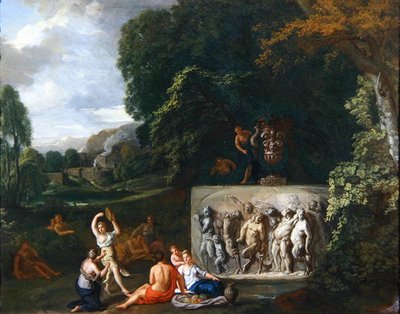 Paisaje clásico con doncellas bailando junto a un sarcófago que representa el Triunfo de Sileno de Pieter Rysbrack