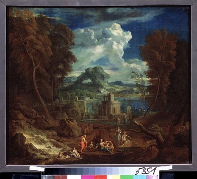 Paisaje con ninfas bañándose. Pintura de Pieter I Rysbraeck (1655-1729). Óleo sobre lienzo, 50 x 58 cm. Arte flamenco, arte barroco. Museo Pushkin de Bellas Artes, Moscú. de Pieter Rysbrack