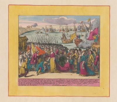 Llegada de la princesa Isabel Cristina de Wolfenbüttel a Mutaro, 1708 Llegada de la Princesa Isabel de Wolfenbuttel Reina de España (...) (título sobre objeto) Teatro de la Guerra, Comienzo del Rey Carlos II. Hasta el rey Karel de I de Pieter Schenk (I)