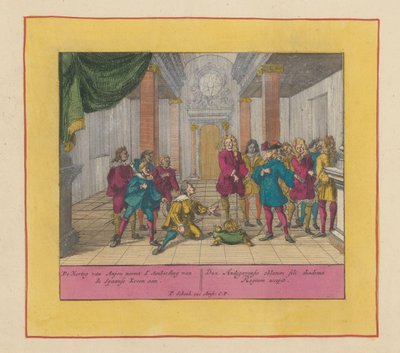 El duque Felipe de Anjou acepta la corona española, 1700 El Duque de Anjou acepta la Oferta de la Corona española (...) (título sobre objeto) Teatro de la Guerra, Comienzo del Rey Carlos II. Hasta el rey Carlos III. Existente en IX de Pieter Schenk (I)