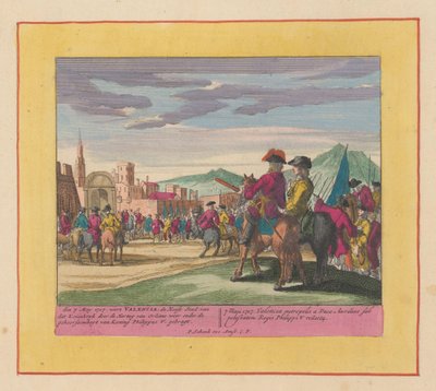 Toma de Valencia, 1707 Teatro de la Guerra, Comienzo del Rey Carlos II. Hasta el rey Carlos III. Existente en IX. Figuras históricas sobre una hoja de elefante, como batallas, asedios en el agua y en Lande, con las principales fortificaciones de Pieter Schenk (I)