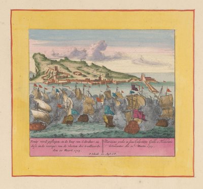 Batalla Naval de Gibraltar, 1705 Ponty es golpeado, en la bahía de Gibraltar (sie dese en el frente) de las flotas de los Aliados, den 20 Meert, 1705 (título sobre objeto) Teatro de la Guerra, Comienzo del Rey Carlos II. Nos vemos en King Karel den de Pieter Schenk (I)