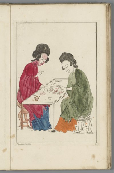 Dos mujeres chinas juegan una partida de cartas
Mujeres chinas, flores y pájaros (título de la serie) de Pieter Schenk (II) (possibly)