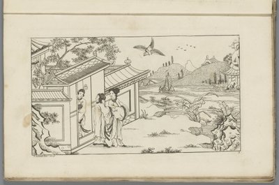 Paisaje con tres mujeres chinas en la puerta de una casa
Nuevo chino inventado, dibujado con gran dificultad y dado en Lay, por P: Schenk Jun (...), primera parte (título de la serie) de Pieter Schenk (II)