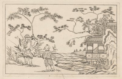 Dos chinos en un paisaje
Nuevo chino inventado, dibujado con gran dificultad y dado en Lay, por P: Schenk Jun (...), primera parte (título de la serie) de Pieter Schenk (II)