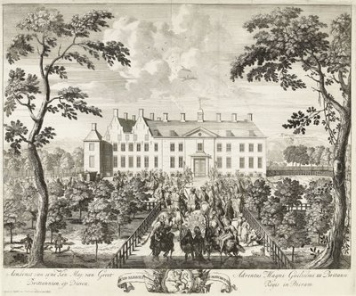 Llegada de Guillermo III al pabellón de caza, Hof te Dieren, 1691 de Pieter Schenk