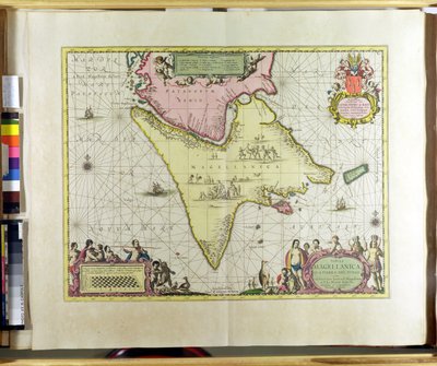 Tabula Magellanica, Quatierrae del Fuego, lámina 18 de Le Nouveau et Grand Illuminant Flambeau de la Mer por Claes Jansz. Vooght (fl.1680-96) publicado en Ámsterdam, 1683 (grabado coloreado a mano) de Pieter Schenk
