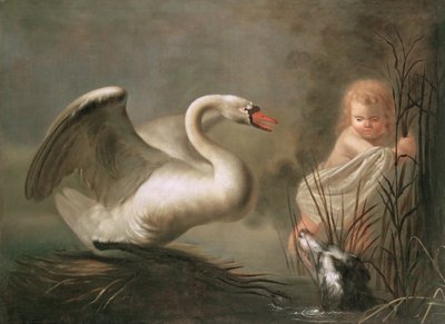 Un cisne protegiendo su nido de un niño y un spaniel de Pieter Snyers