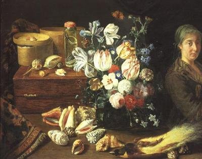Naturaleza muerta, flores, conchas, serpientes, pájaro y una mujer de pie de Pieter Snyers
