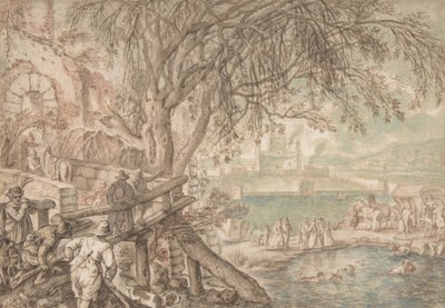 Cazadores y compañía observando perros recuperando patos en un estanque El mes de abril de Pieter Stevens