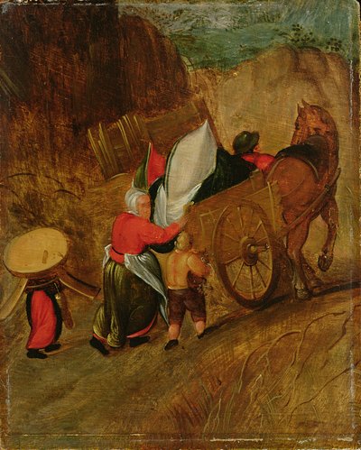 Paisaje, campesinos, caballo y carro, principios del siglo XVII (óleo sobre tabla) de Pieter Stevens