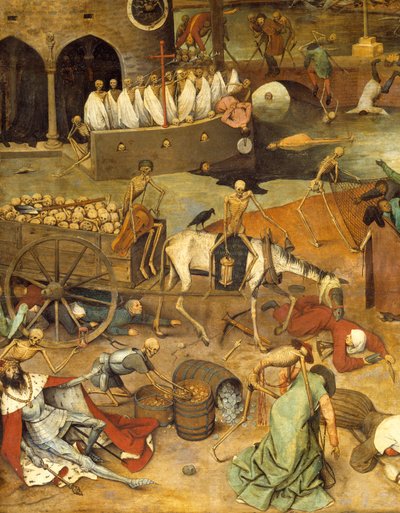 El triunfo de la muerte. La muerte tirando del carro de los cadáveres. Cuerpos de guerreros y reyes yacen en el suelo de Pieter Bruegel the Elder