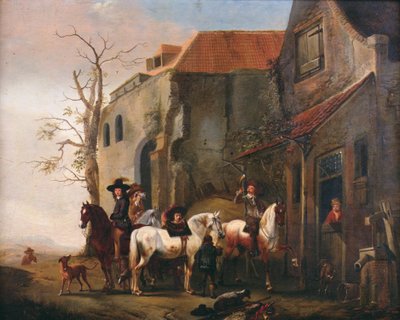 Jinetes y caballos en la puerta de una posada de Pieter Wouwermans or Wouwerman