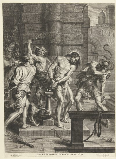 Flagelación de Cristo por soldados Ego en flagella paratus sum (título sobre objeto) de Pieter de Bailliu (I)