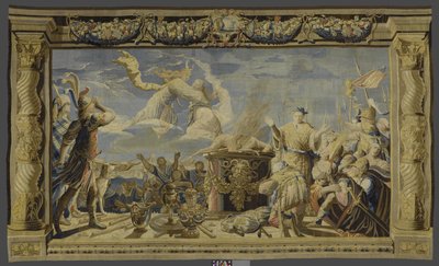 Tapiz que representa la intervención de Artemisa durante la preparación del sacrificio de Ifigenia La historia de Ifigenia y Orestes (título de la serie) de Pieter de Cracht (workshop of)