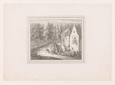 Paisaje con un molino de agua y una cabra pastando atada con una cuerda de Pieter de Goeje