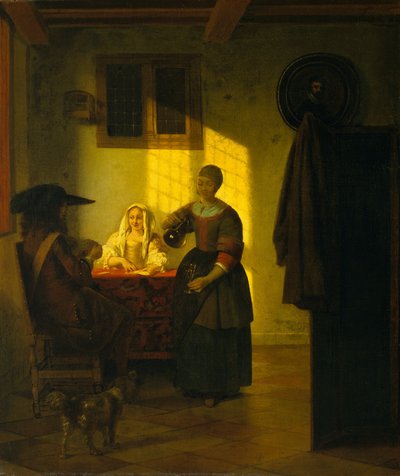 Una pareja jugando a las cartas, con una sirvienta de Pieter de Hooch