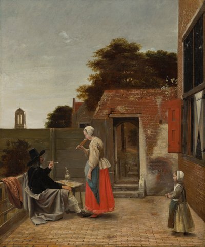 Un hombre fumando y una mujer bebiendo en un patio, c.1658-60 de Pieter de Hooch