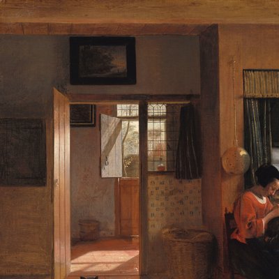Interior con una madre despiojando el pelo de su hijo, conocido como 