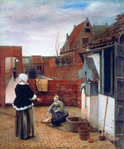 Una mujer y una criada en un patio, c. 1660-1661 de Pieter de Hooch
