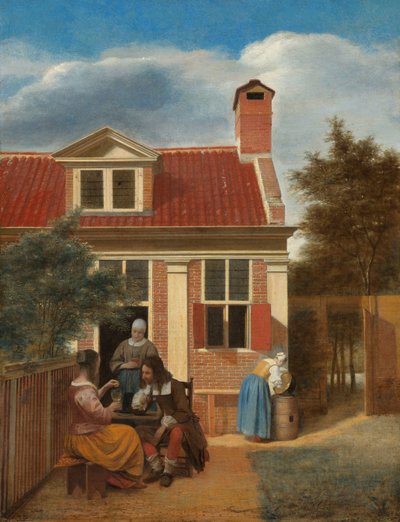 Figuras en un patio detrás de una casa de Pieter de Hooch