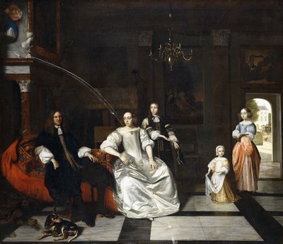 Retrato de grupo de la familia Jacott-Hoppesack con un sabueso en un interior clásico suntuoso, una dama y un caballero paseando en un parque a través de una puerta más allá de Pieter de Hooch