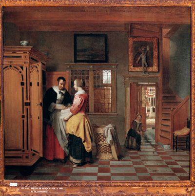 Interior con mujeres junto a un baúl de lino de Pieter de Hooch