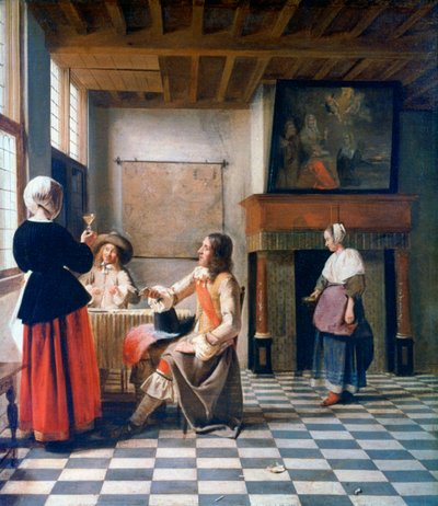 Interior, Mujer bebiendo con dos hombres y una sirvienta de Pieter de Hooch